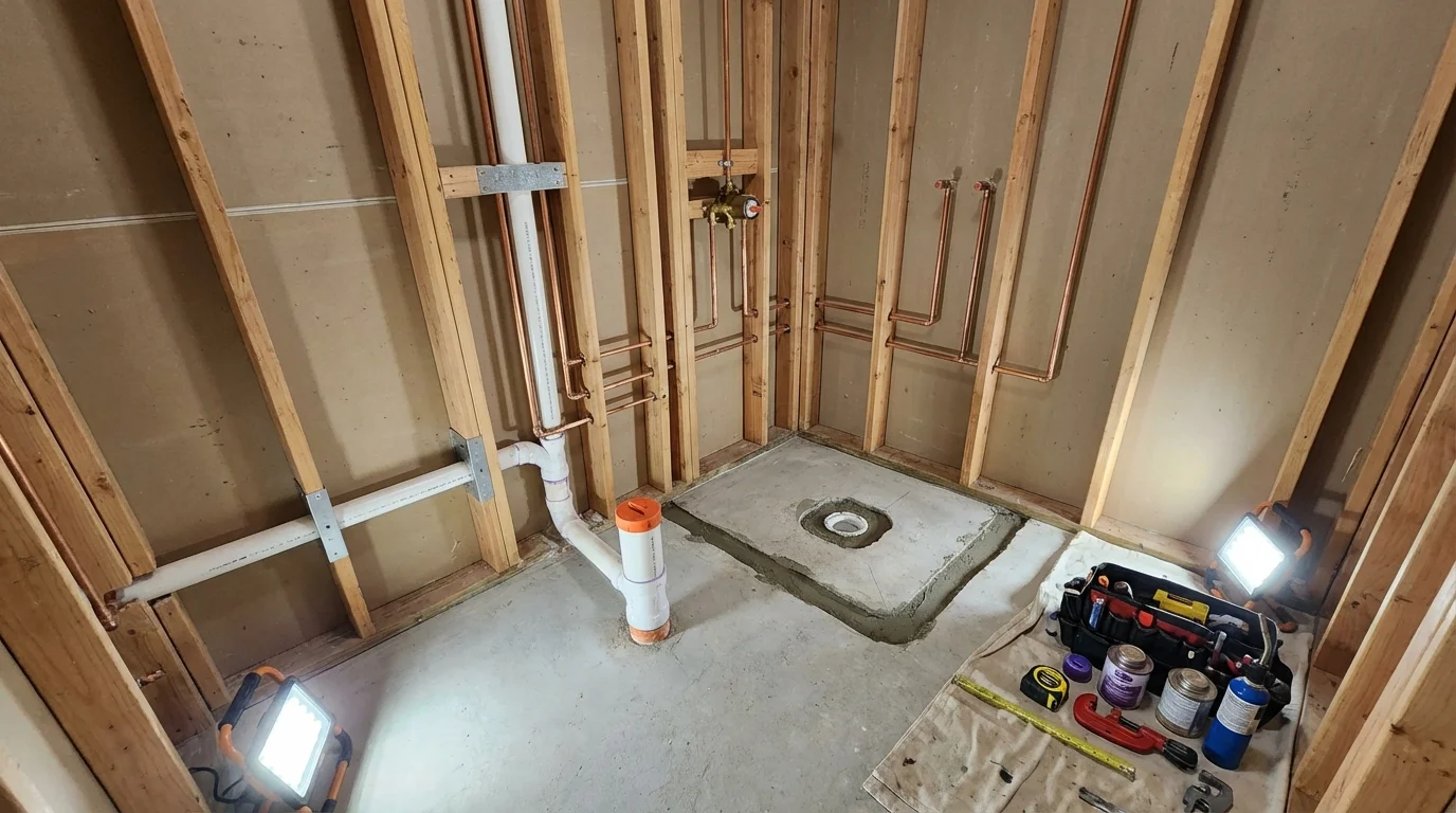Bathroom rough-in plumbing during remodel by Johns Plumbing LLC in New Canaan