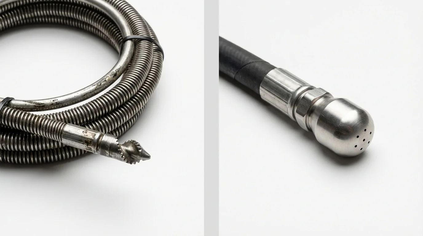 Drain snake cable and hydro jetting nozzle used for drain cleaning in New Canaan, CT
