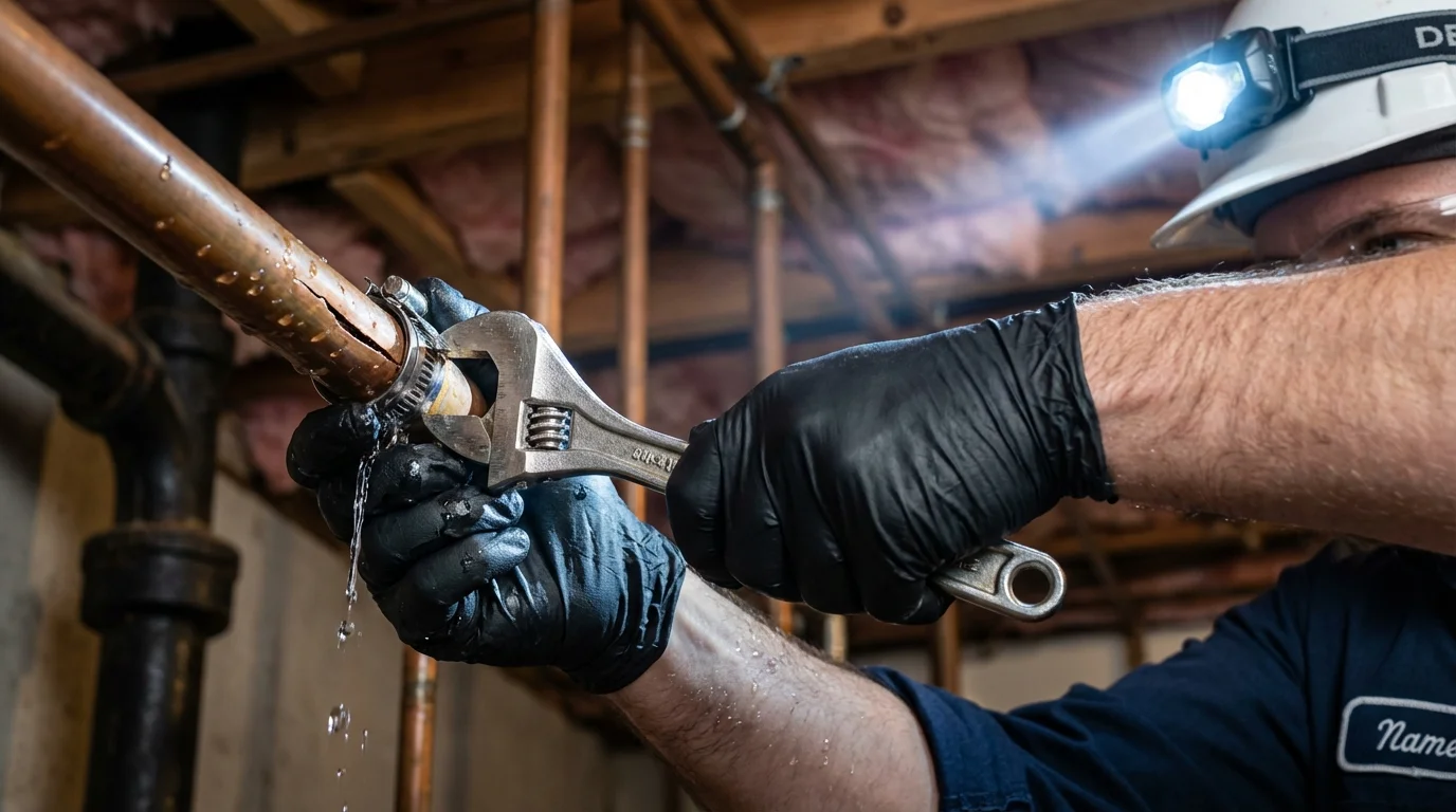 Emergency pipe clamp repair being performed by a Johns Plumbing LLC plumber in New Canaan