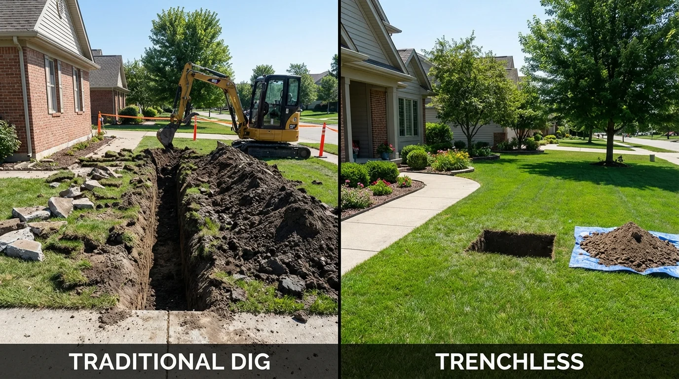 Trenchless sewer repair with minimal yard damage versus traditional excavation in New Canaan, CT