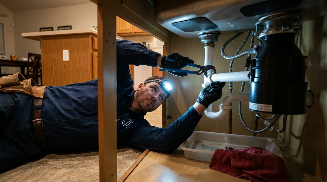 P-trap and supply line connections under a kitchen sink showing a common leak point in New Canaan, CT